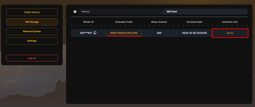 Раздел Gift Cards со списком купленных кодов