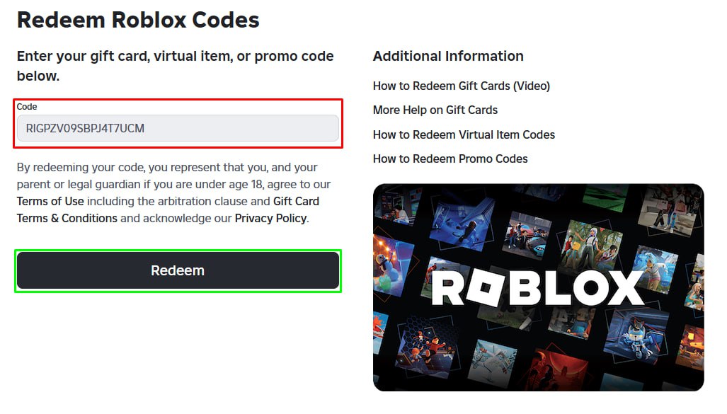 Официальная страница активации кодов Roblox Redeem