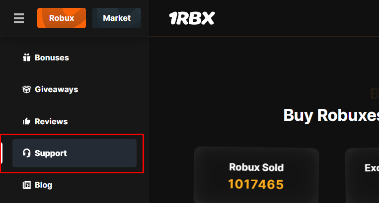 Кнопка открытия техподдержки в меню сайта 1RBX
